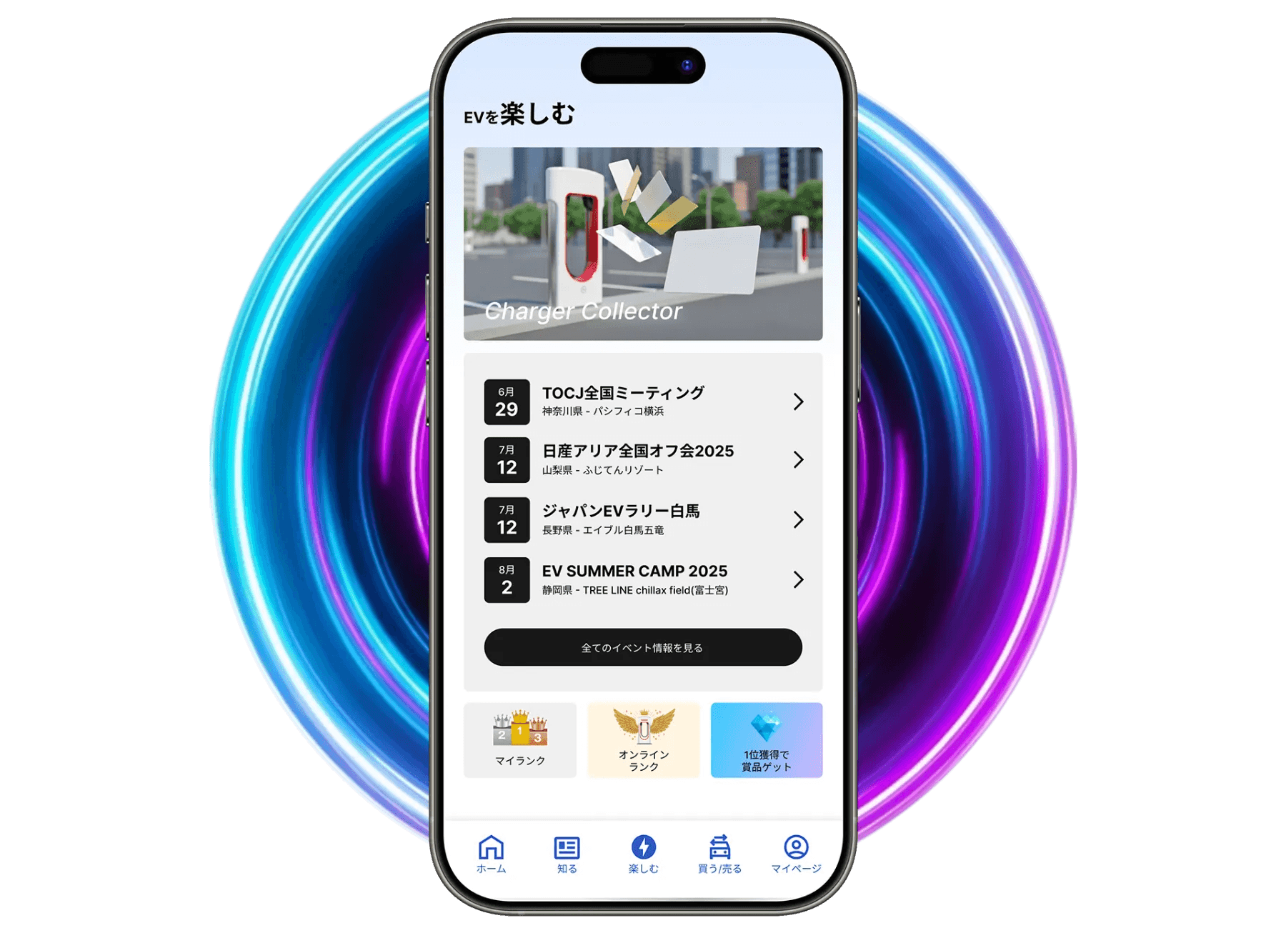 BOXIV アプリの楽しむ画面 — Charger Collector とイベント一覧