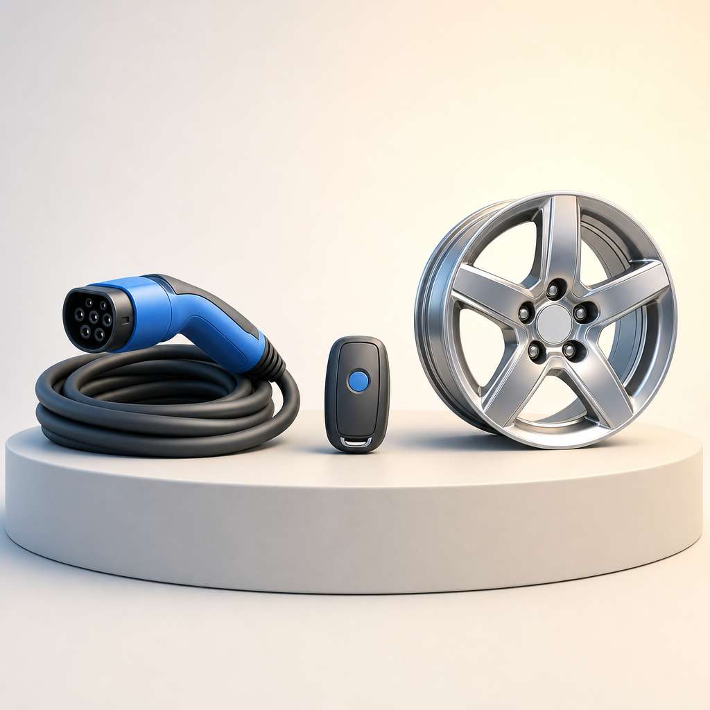 EV の純正装備品（充電ケーブル・キーフォブ・アロイホイール）が台座に並ぶ俯瞰イメージ