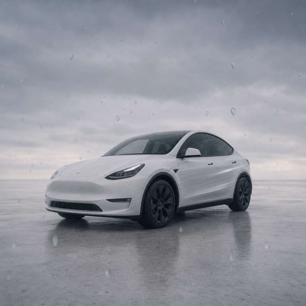 曇天で雨粒が残り、濡れた路面に止まった Tesla（悪い例）