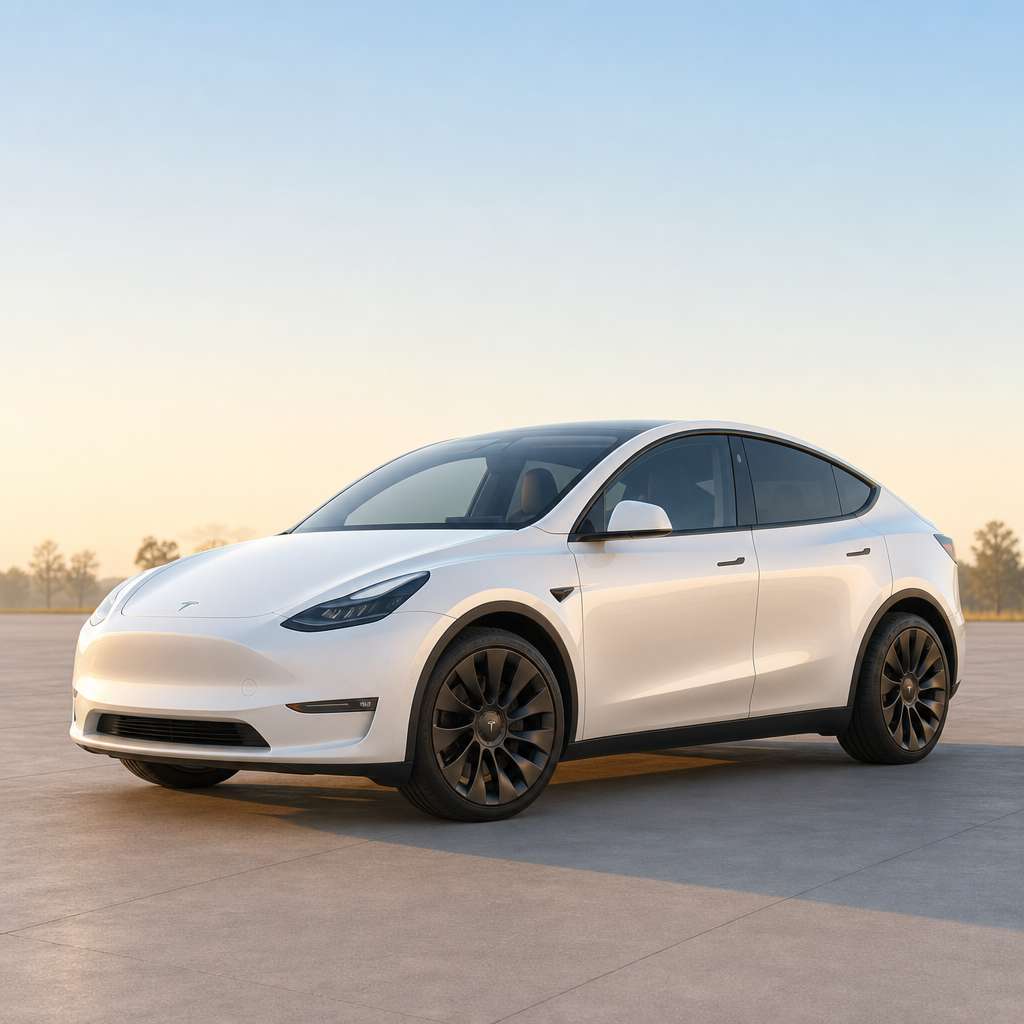 晴天の屋外、広いスペースで撮影された Tesla（良い例）
