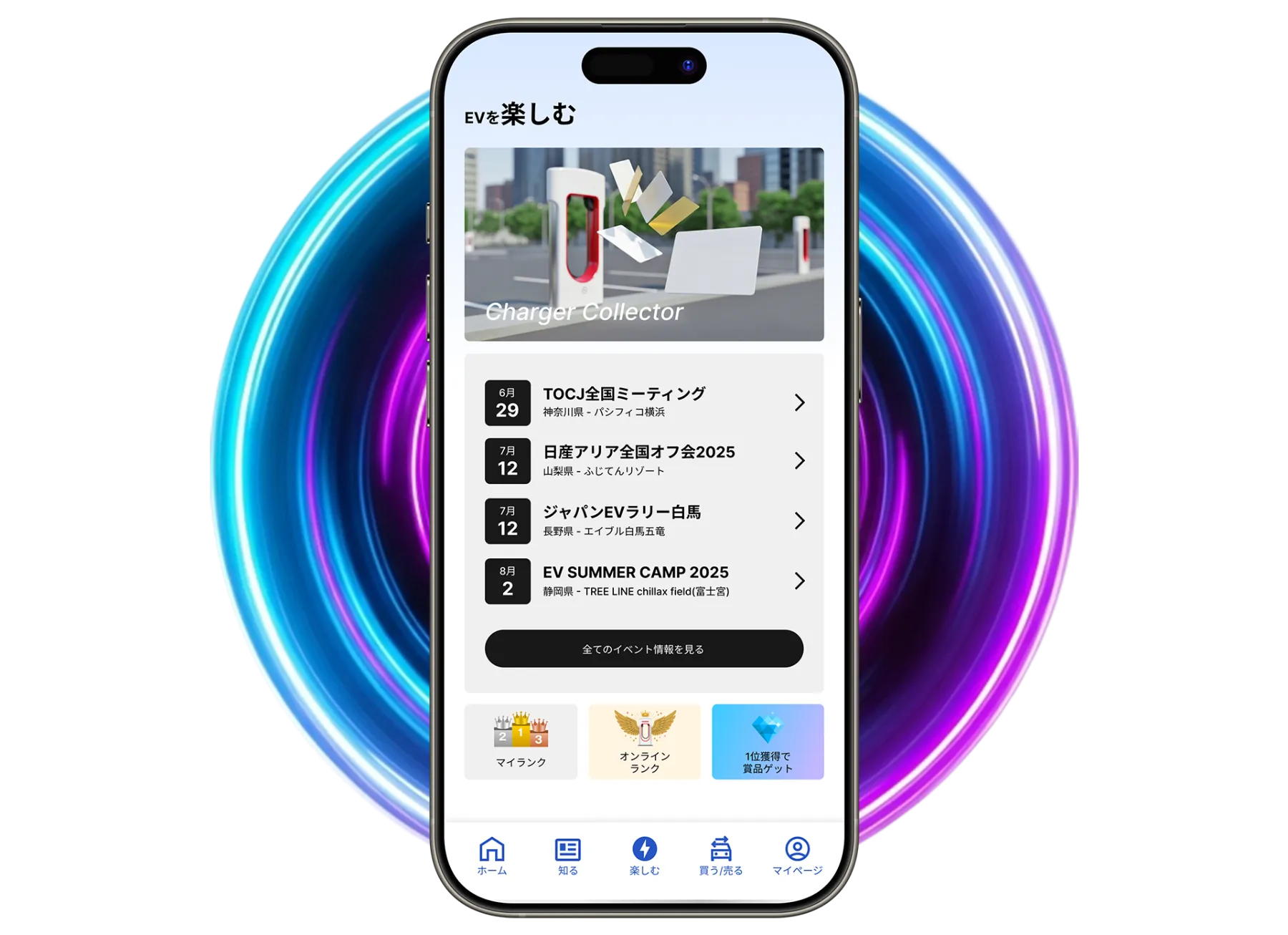 BOXIV アプリの楽しむ画面 — Charger Collector とイベント一覧