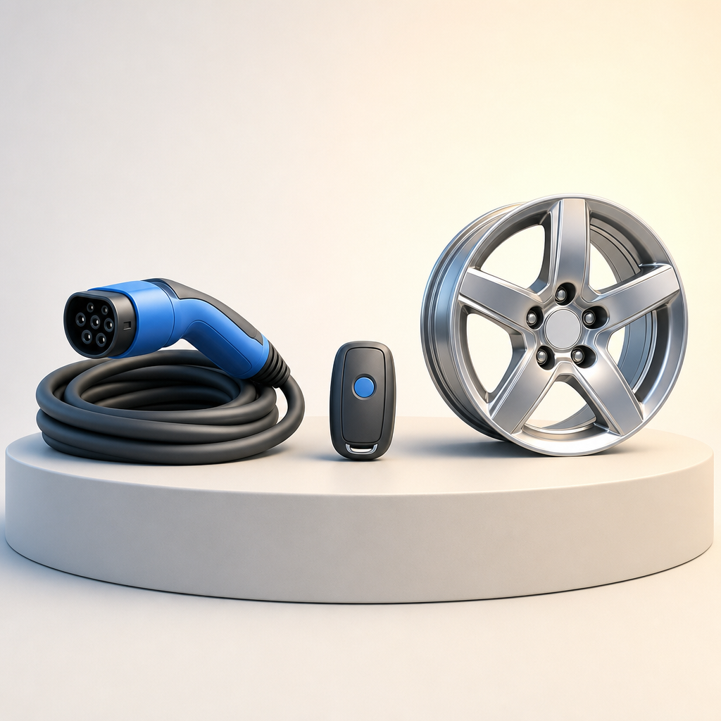 EV の純正装備品（充電ケーブル・キーフォブ・アロイホイール）が台座に並ぶ俯瞰イメージ