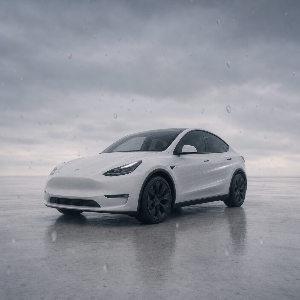 曇天で雨粒が残り、濡れた路面に止まった Tesla（悪い例）
